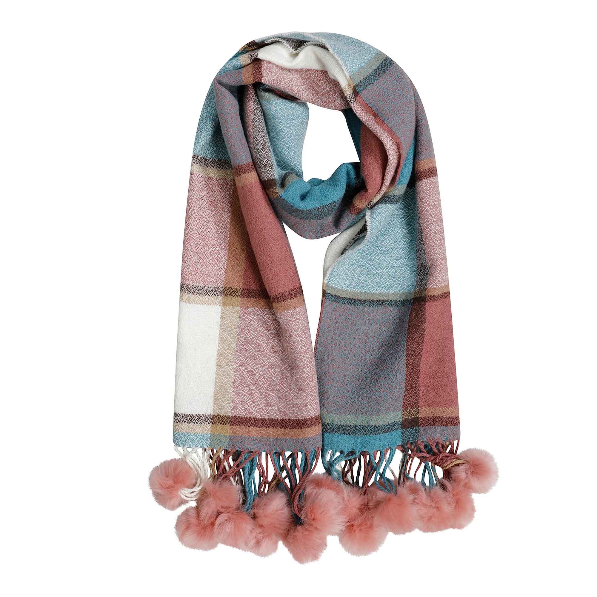 Luxurious Oversized Soft Touch Scarf Blanket With Pom Poms Red And Pink Check