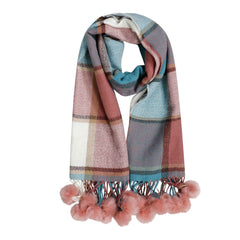 Luxurious Oversized Soft Touch Scarf Blanket With Pom Poms Red And Pink Check