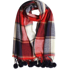 Luxurious Oversized Soft Touch Scarf Blanket With Pom Poms Red And Pink Check