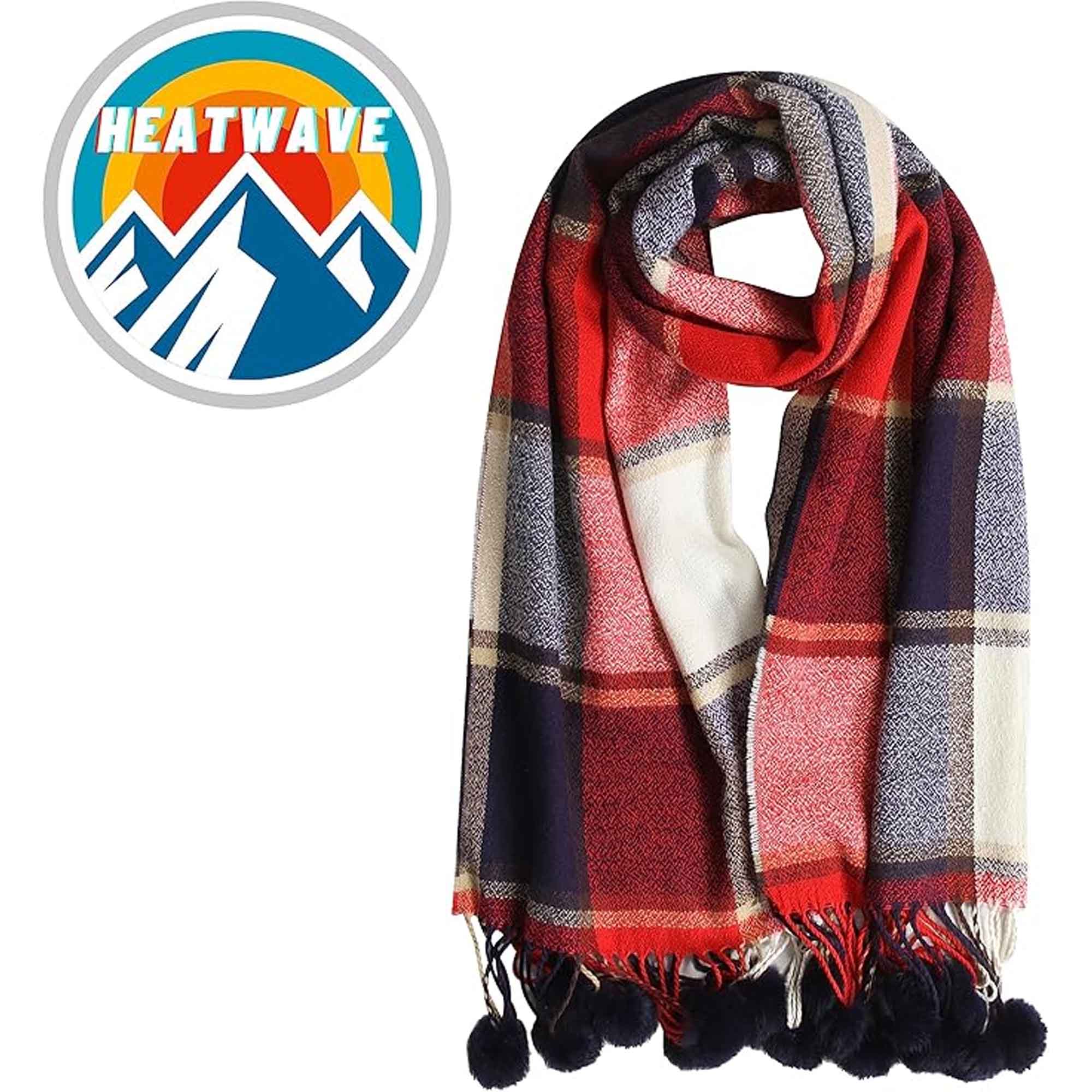 Luxurious Oversized Soft Touch Scarf Blanket With Pom Poms Red And Pink Check