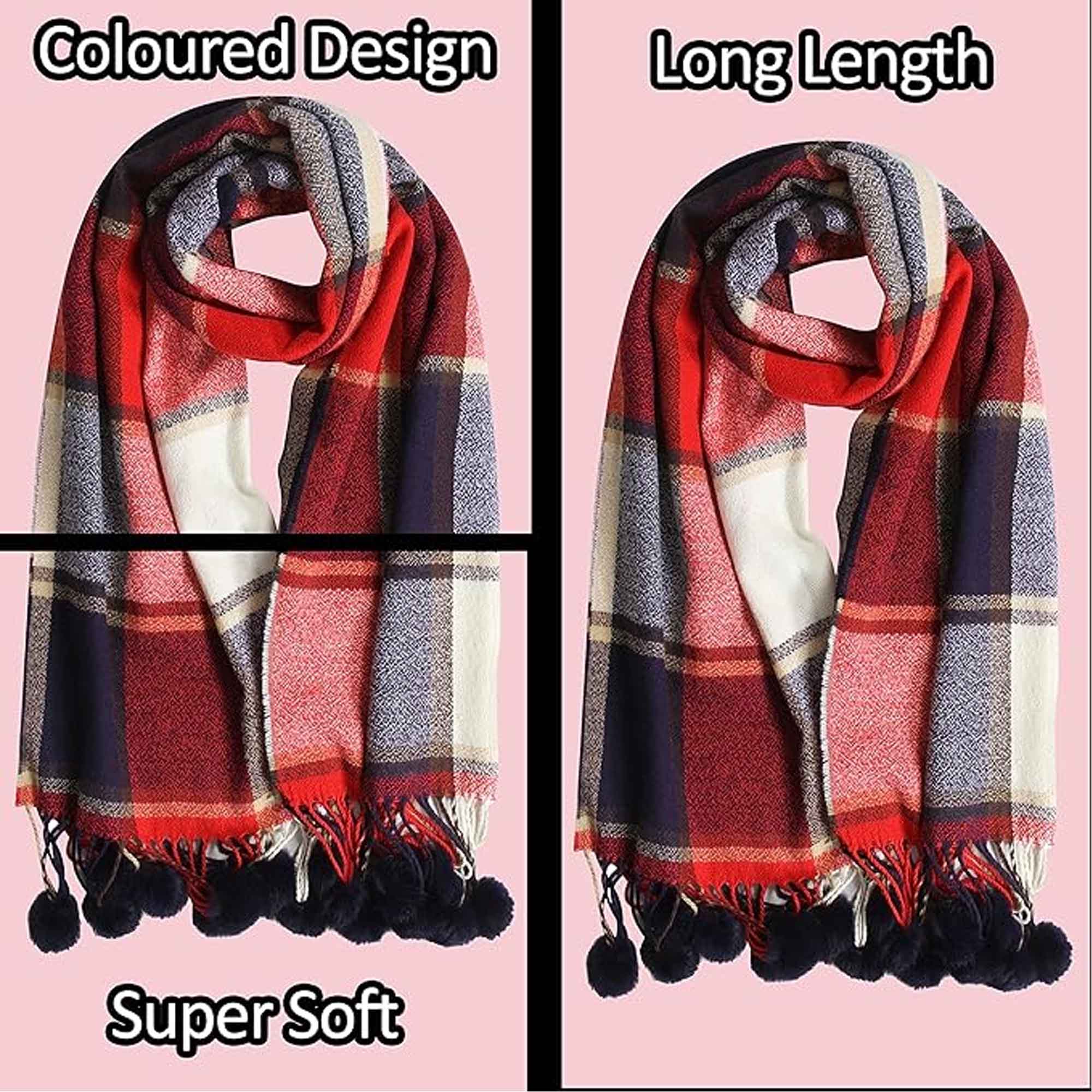 Luxurious Oversized Soft Touch Scarf Blanket With Pom Poms Red And Pink Check