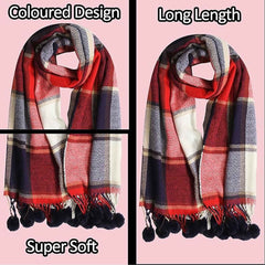 Luxurious Oversized Soft Touch Scarf Blanket With Pom Poms Red And Pink Check