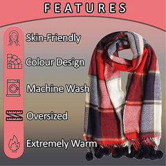 Luxurious Oversized Soft Touch Scarf Blanket With Pom Poms Red And Pink Check