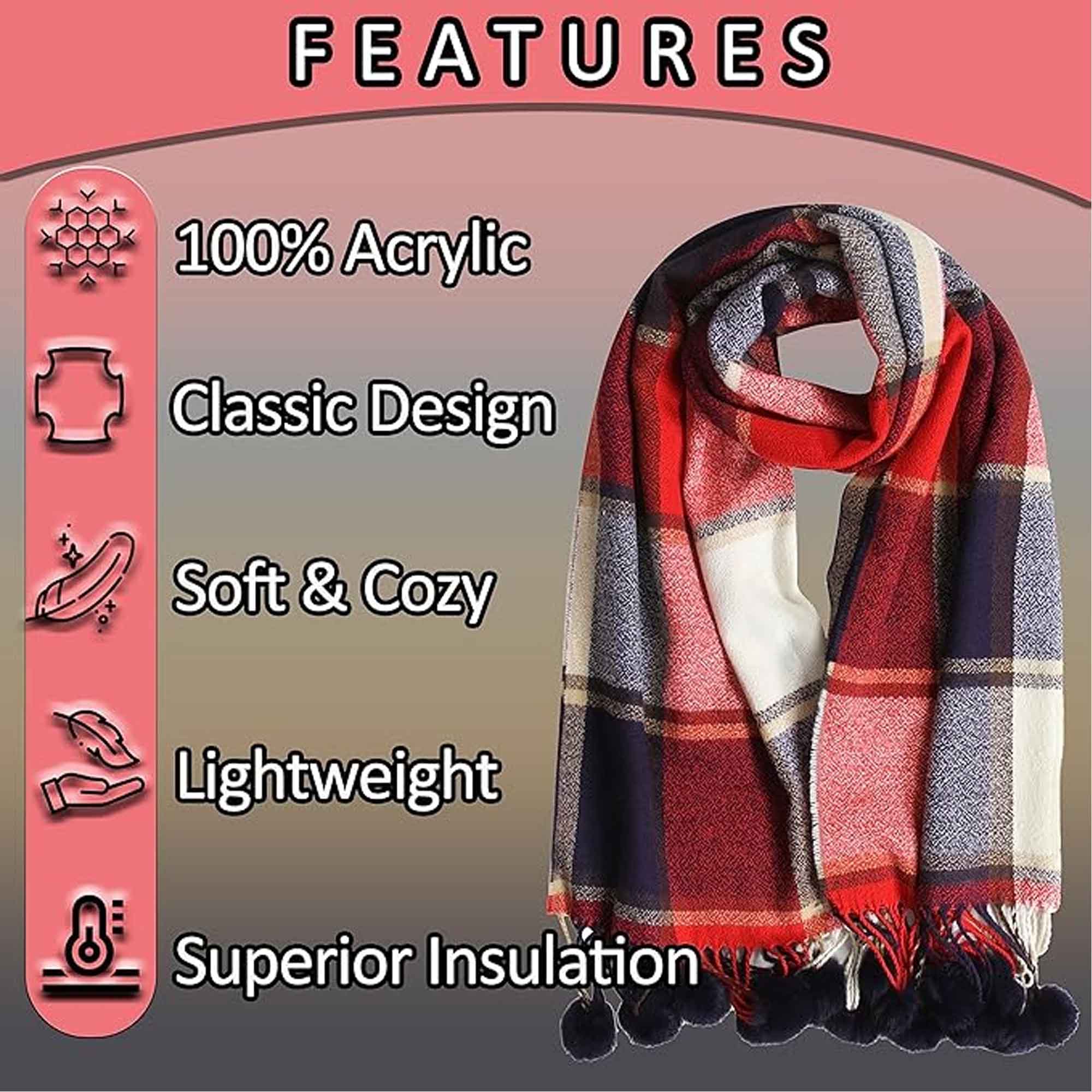 Luxurious Oversized Soft Touch Scarf Blanket With Pom Poms Red And Pink Check