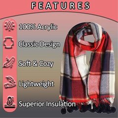 Luxurious Oversized Soft Touch Scarf Blanket With Pom Poms Red And Pink Check