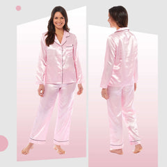 Women's Satin Silk Pyjama Set Long Sleeve Dress Shirt Collar Loose Fit Pants