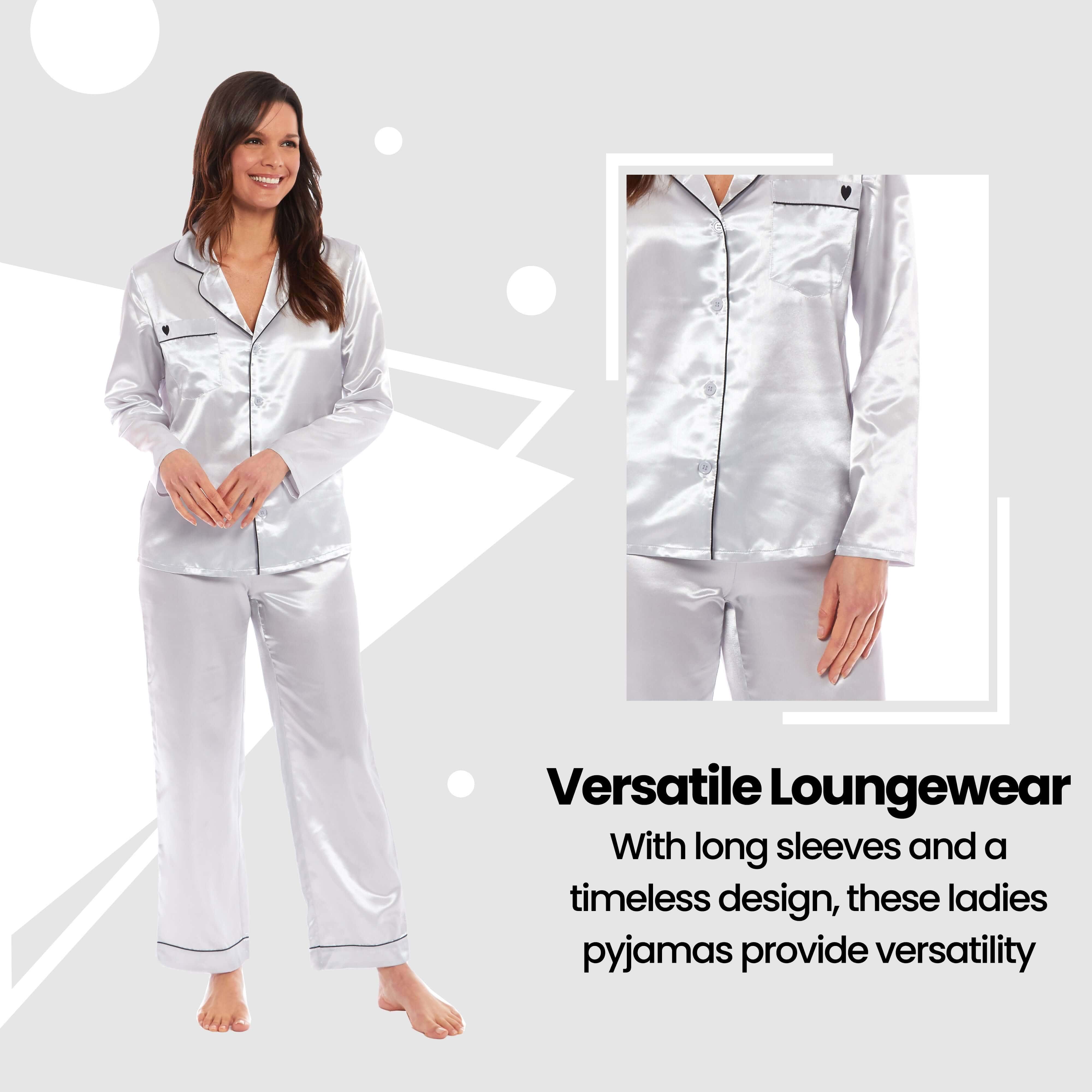 Women's Satin Silk Pyjama Set Long Sleeve Dress Shirt Collar Loose Fit Pants