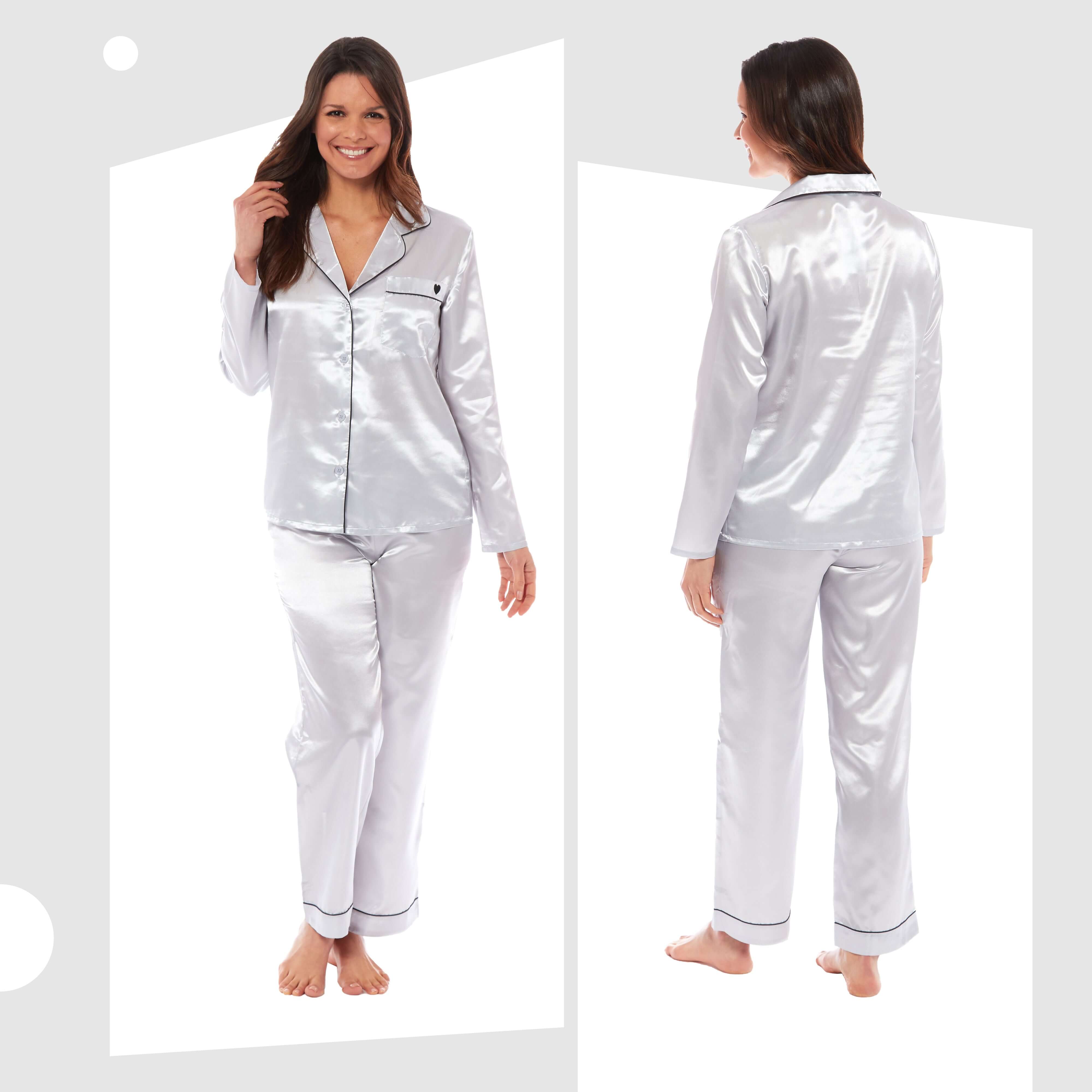Women's Satin Silk Pyjama Set Long Sleeve Dress Shirt Collar Loose Fit Pants