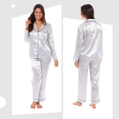 Women's Satin Silk Pyjama Set Long Sleeve Dress Shirt Collar Loose Fit Pants