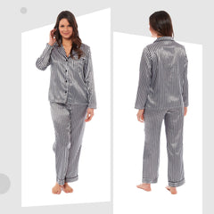 Women's Satin Silk Pyjama Set Long Sleeve Dress Shirt Collar Loose Fit Pants