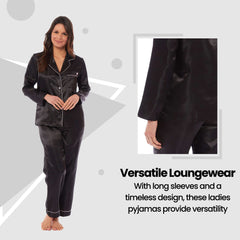 Women's Satin Silk Pyjama Set Long Sleeve Dress Shirt Collar Loose Fit Pants