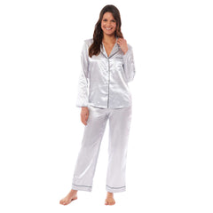 Women's Satin Silk Pyjama Set Long Sleeve Dress Shirt Collar Loose Fit Pants