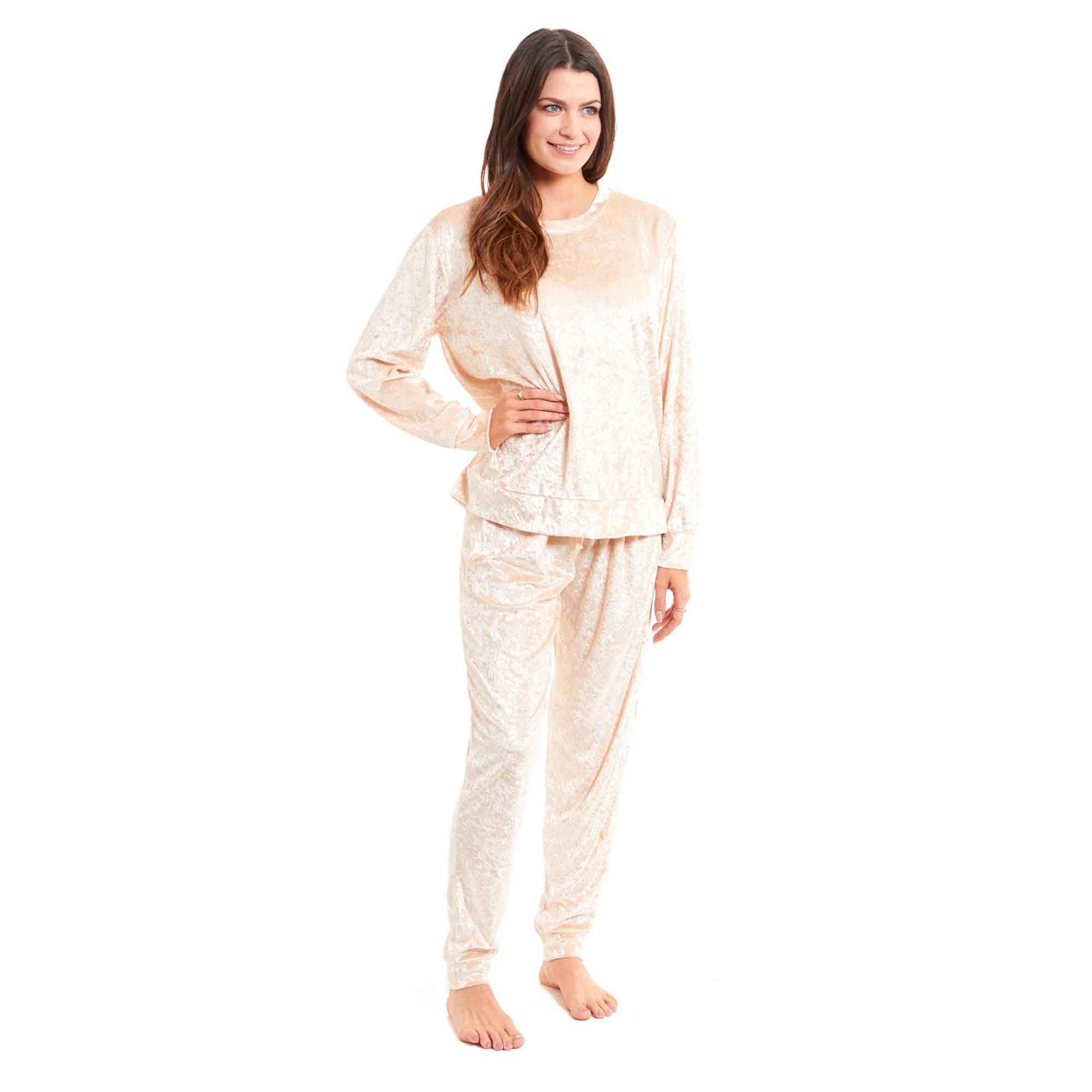 Women's Crushed Velvet Pyjama Set Soft Loungewear Easy Care