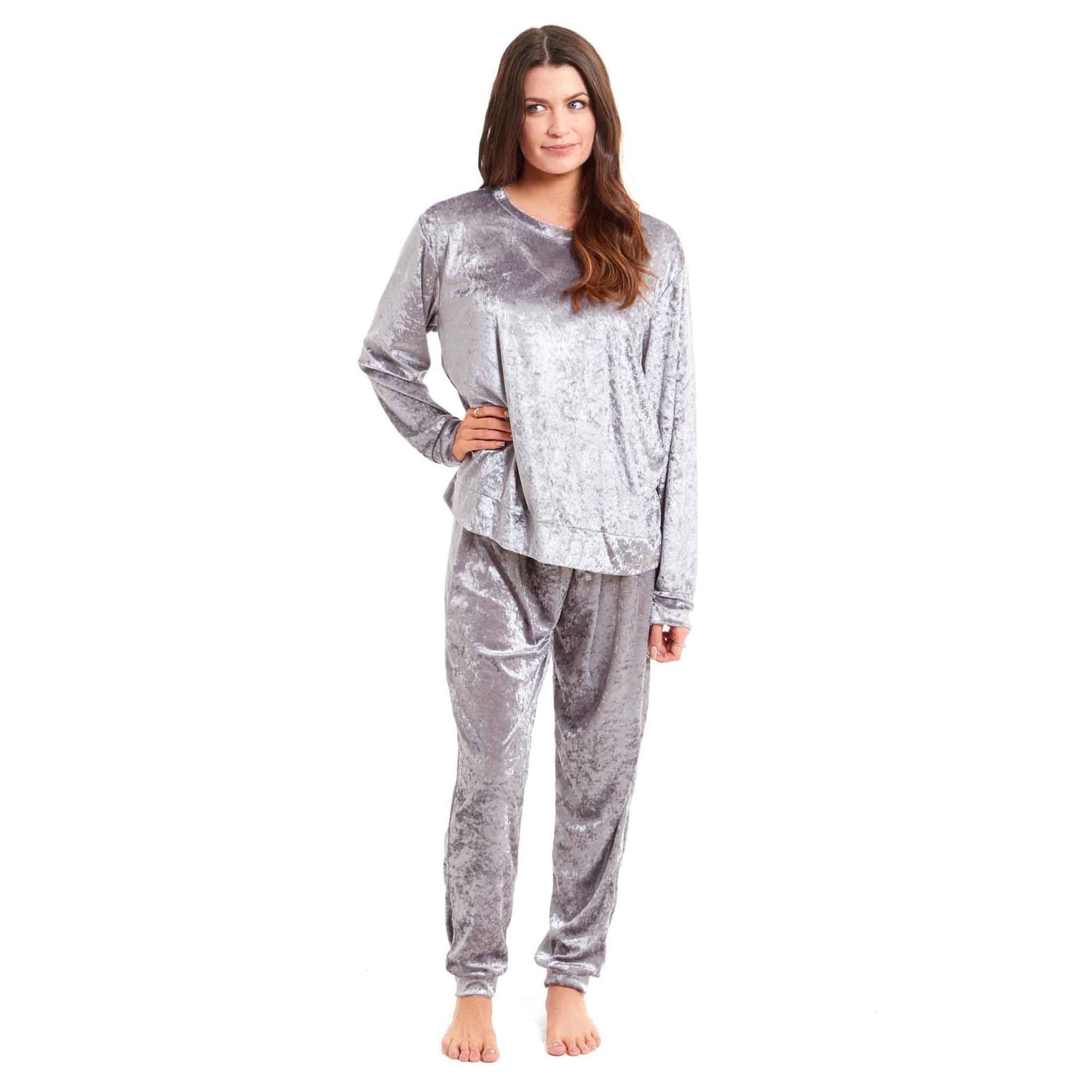 Women's Crushed Velvet Pyjama Set Soft Loungewear Easy Care