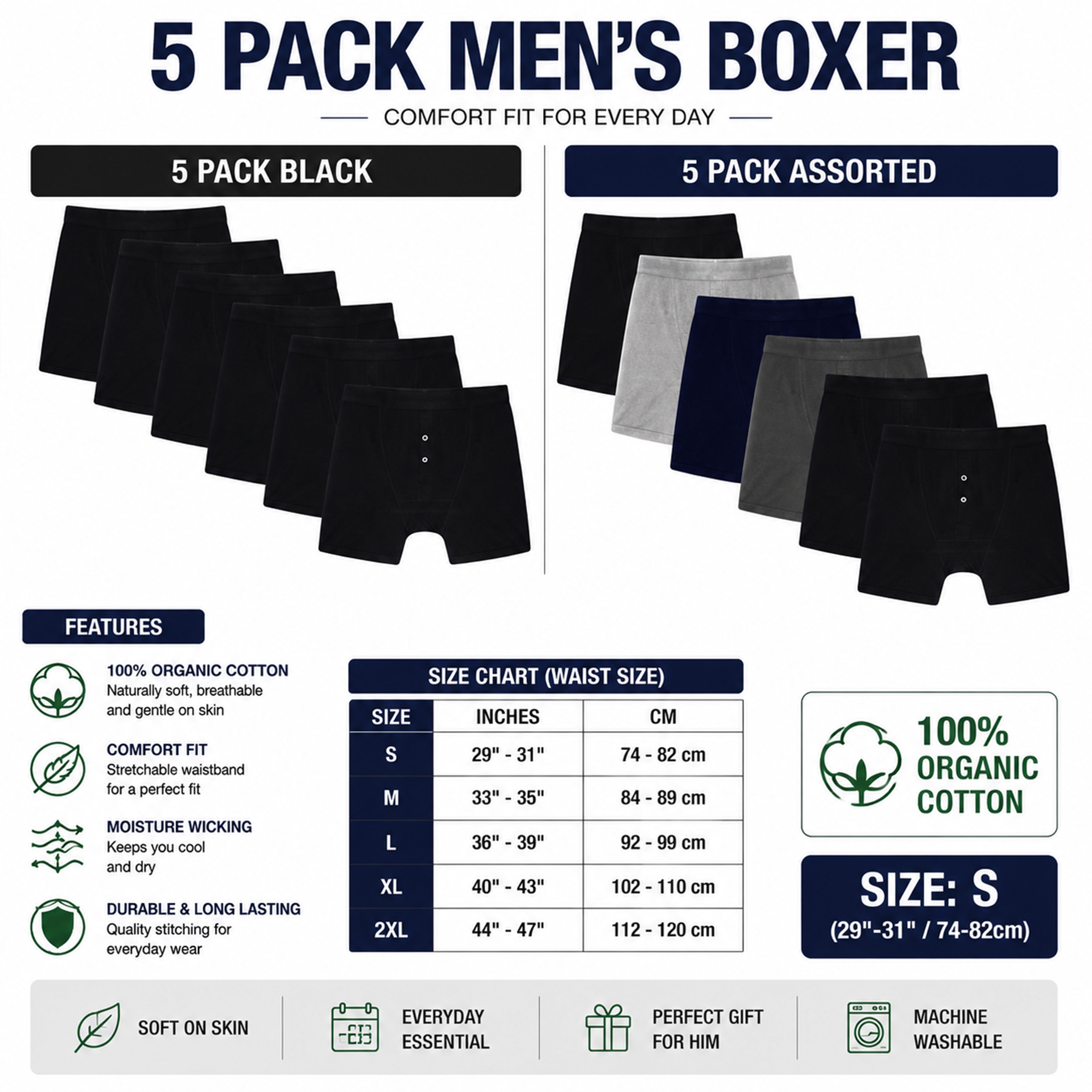 Men's Cotton Button Fly Boxer Shorts Pack Of 5 Breathable Stretch Gym Sports