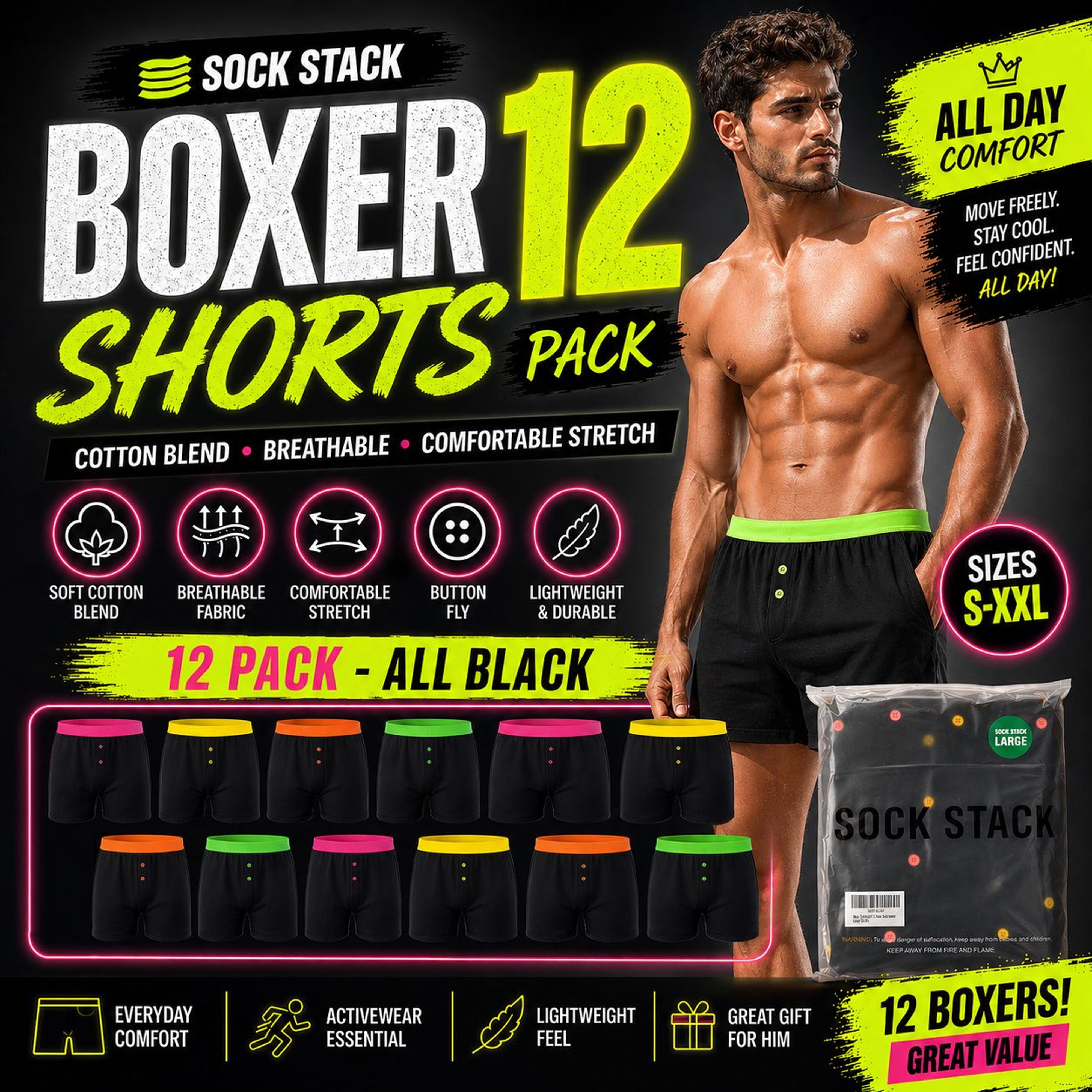 Men's Black Boxer Shorts 12 Pack – Cotton Blend, Button Fly