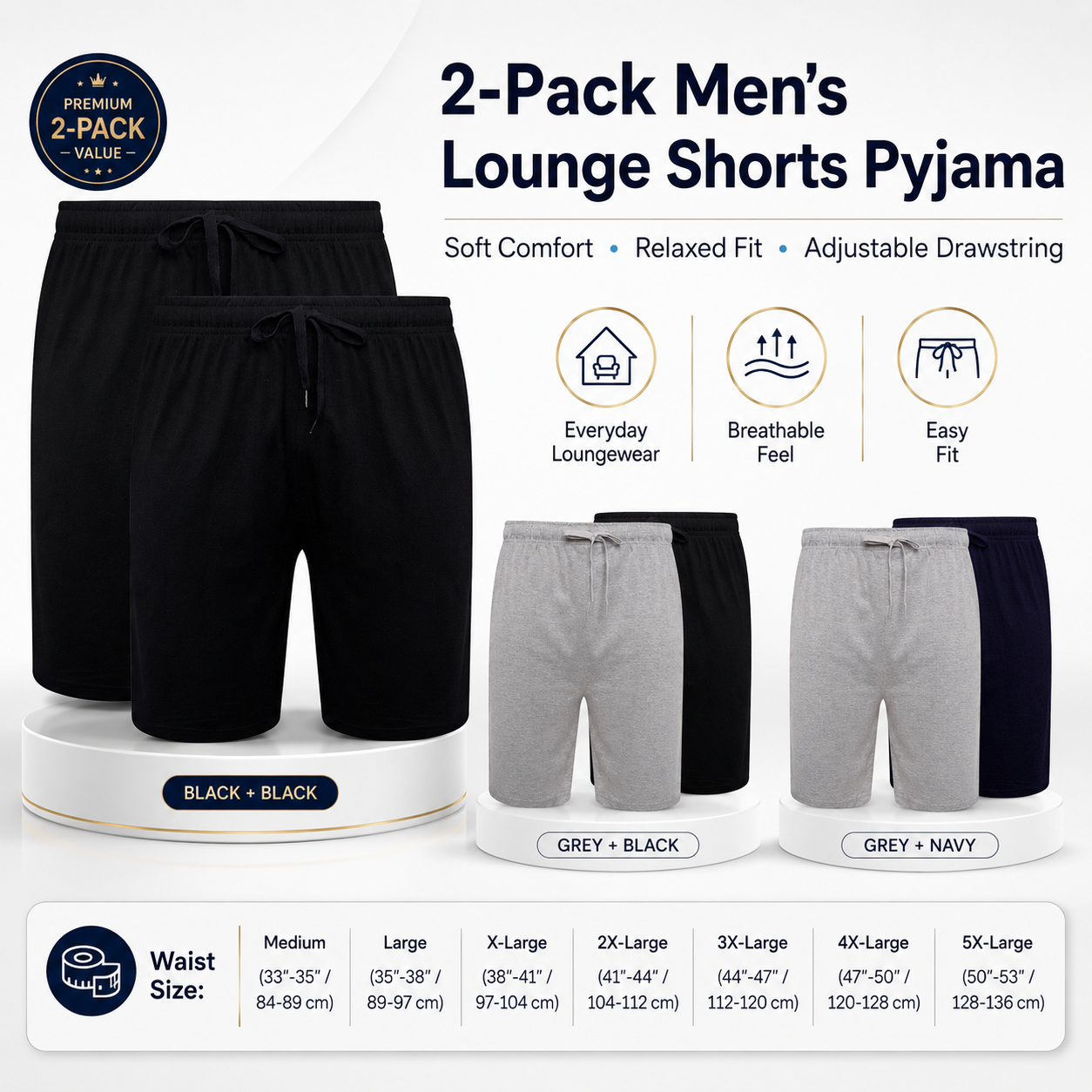 Men's Cotton Lounge Shorts Stretchable 2 Pack Black Navy Grey Durable