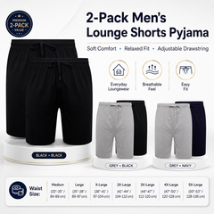 Men's Cotton Lounge Shorts Stretchable 2 Pack Black Navy Grey Durable