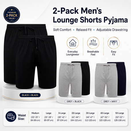 Men's Cotton Lounge Shorts Stretchable 2 Pack Black Navy Grey Durable