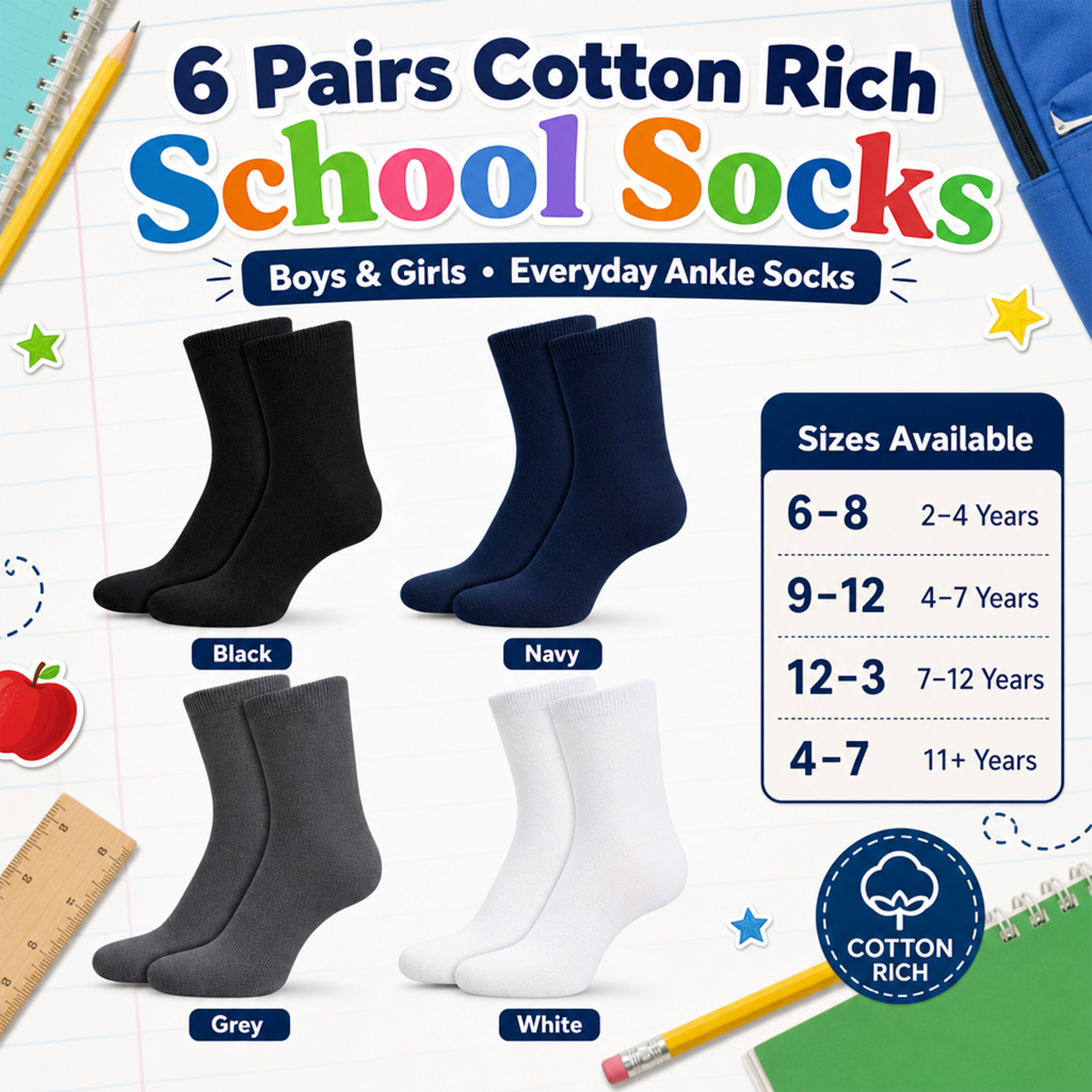 6 Pairs Kids' Cotton Rich School Socks Ankle Breathable Durable Uniform Unisex