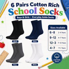 6 Pairs Kids' Cotton Rich School Socks Ankle Breathable Durable Uniform Unisex