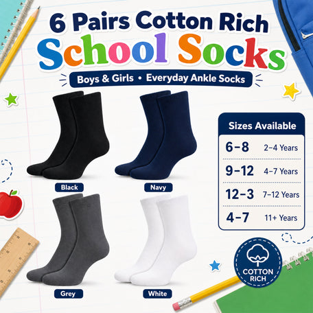 6 Pairs Kids' Cotton Rich School Socks Ankle Breathable Durable Uniform Unisex
