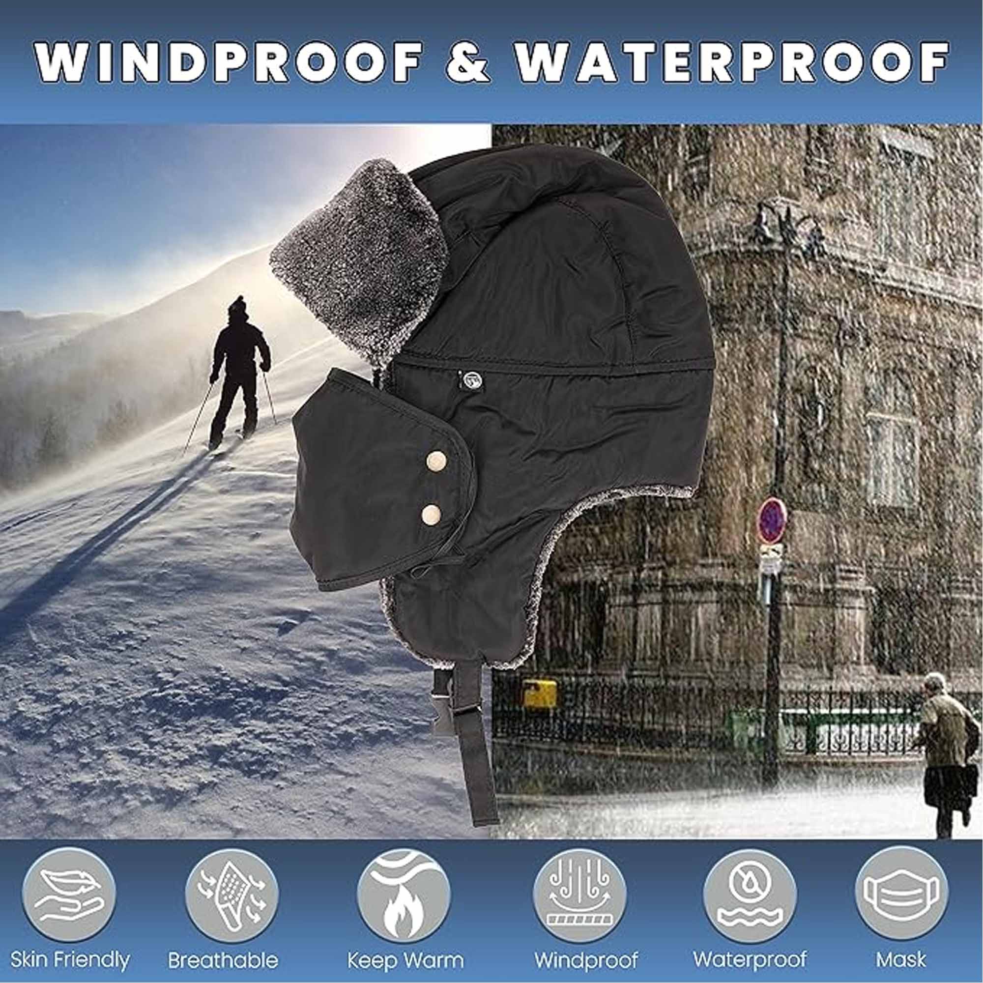 Men's 3 In 1 Trapper Hat With Mask Waterproof Faux Fur Lining Ear Flaps Neck