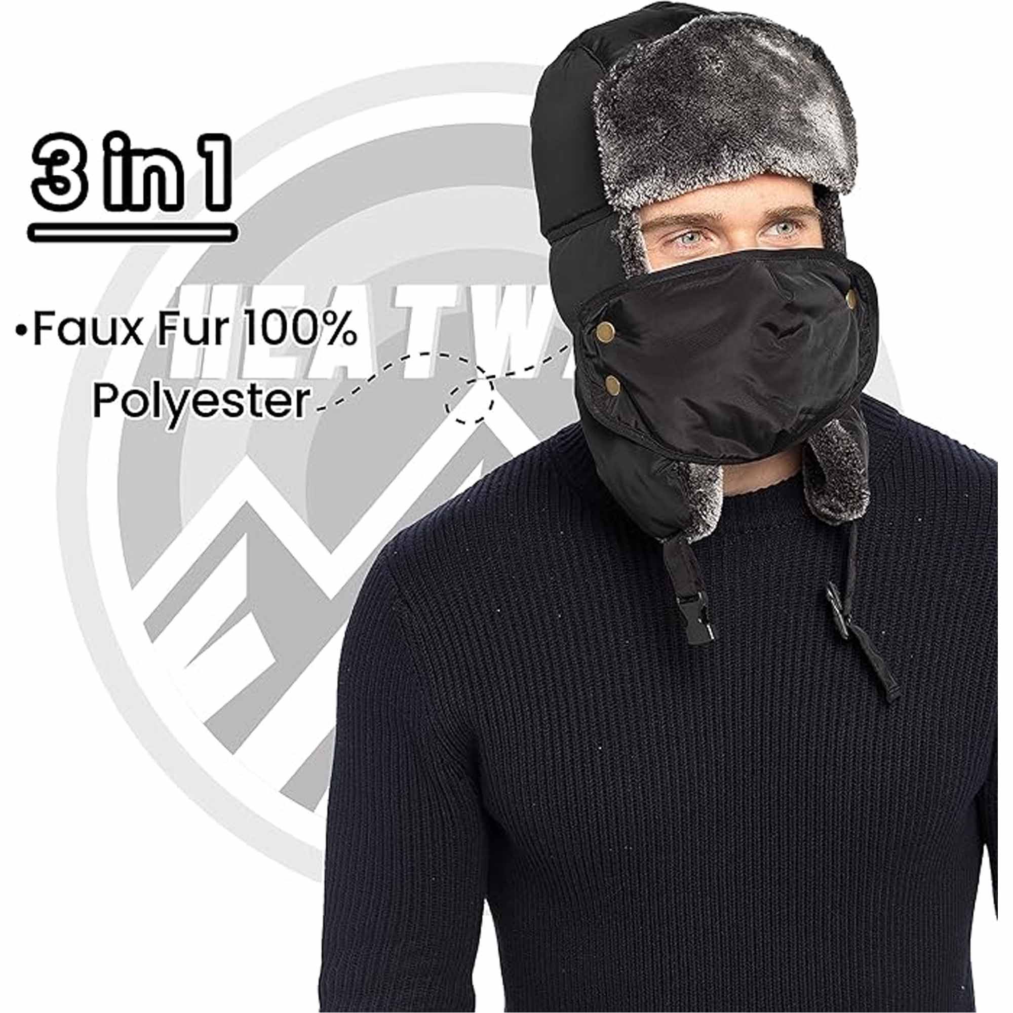 Men's 3 In 1 Trapper Hat With Mask Waterproof Faux Fur Lining Ear Flaps Neck