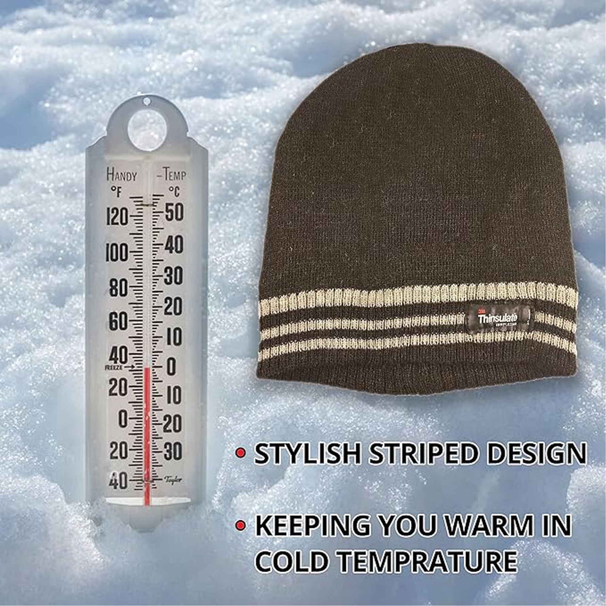 3M Thinsulate Insulated Fleece Lined Knitted Beanie Hat With Striped Design