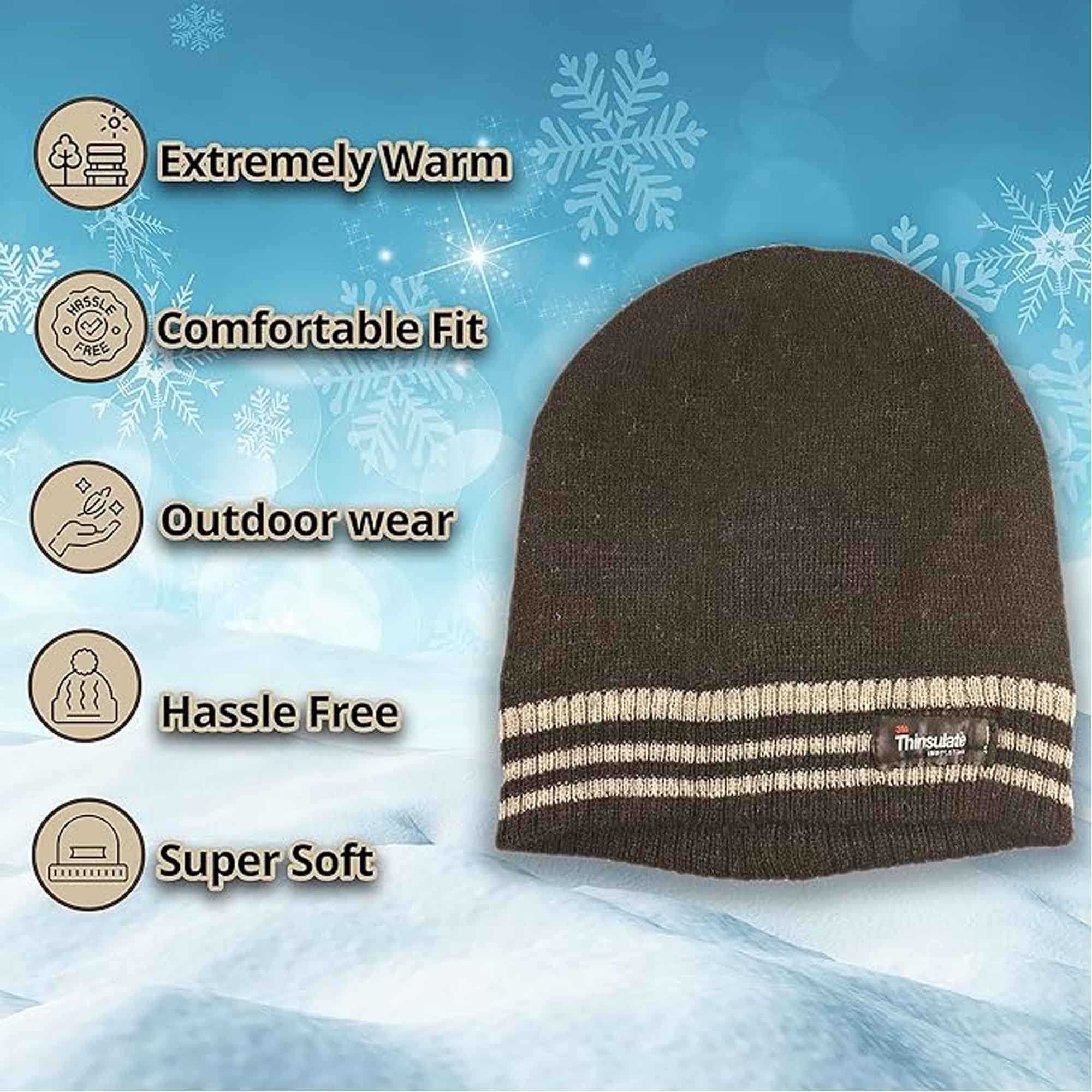 3M Thinsulate Insulated Fleece Lined Knitted Beanie Hat With Striped Design