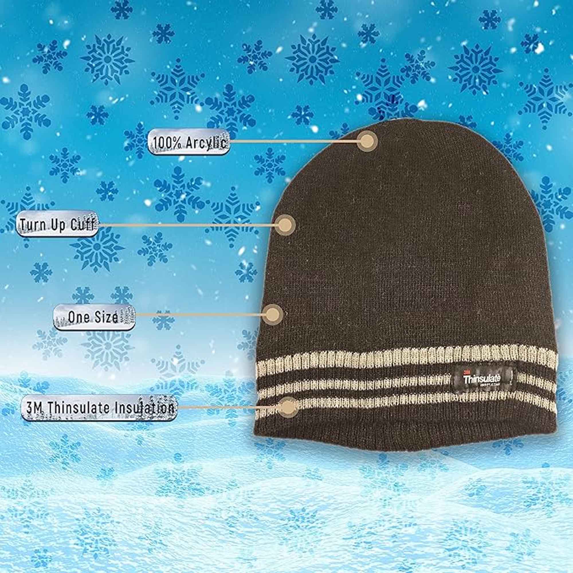 3M Thinsulate Insulated Fleece Lined Knitted Beanie Hat With Striped Design