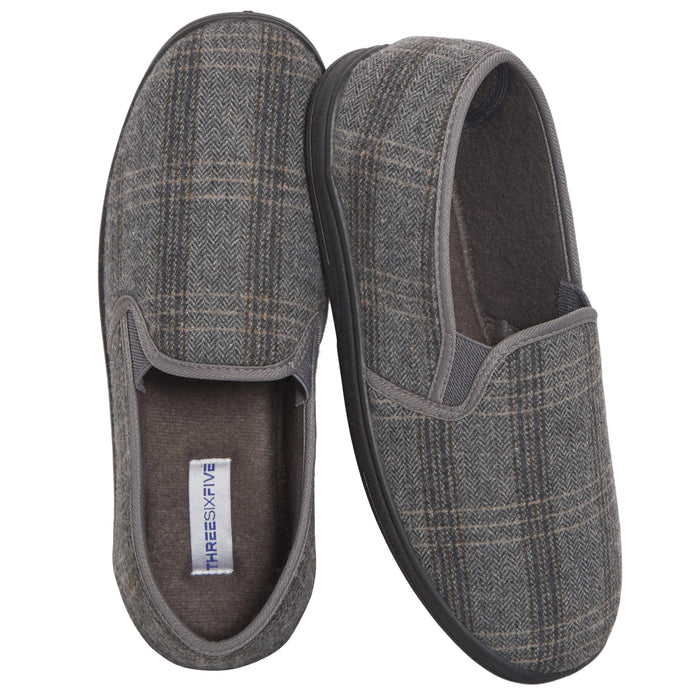 Men's Checked Slippers Memory Foam Cushioned Soft Lining Warm Thermal Slip-On, GREY