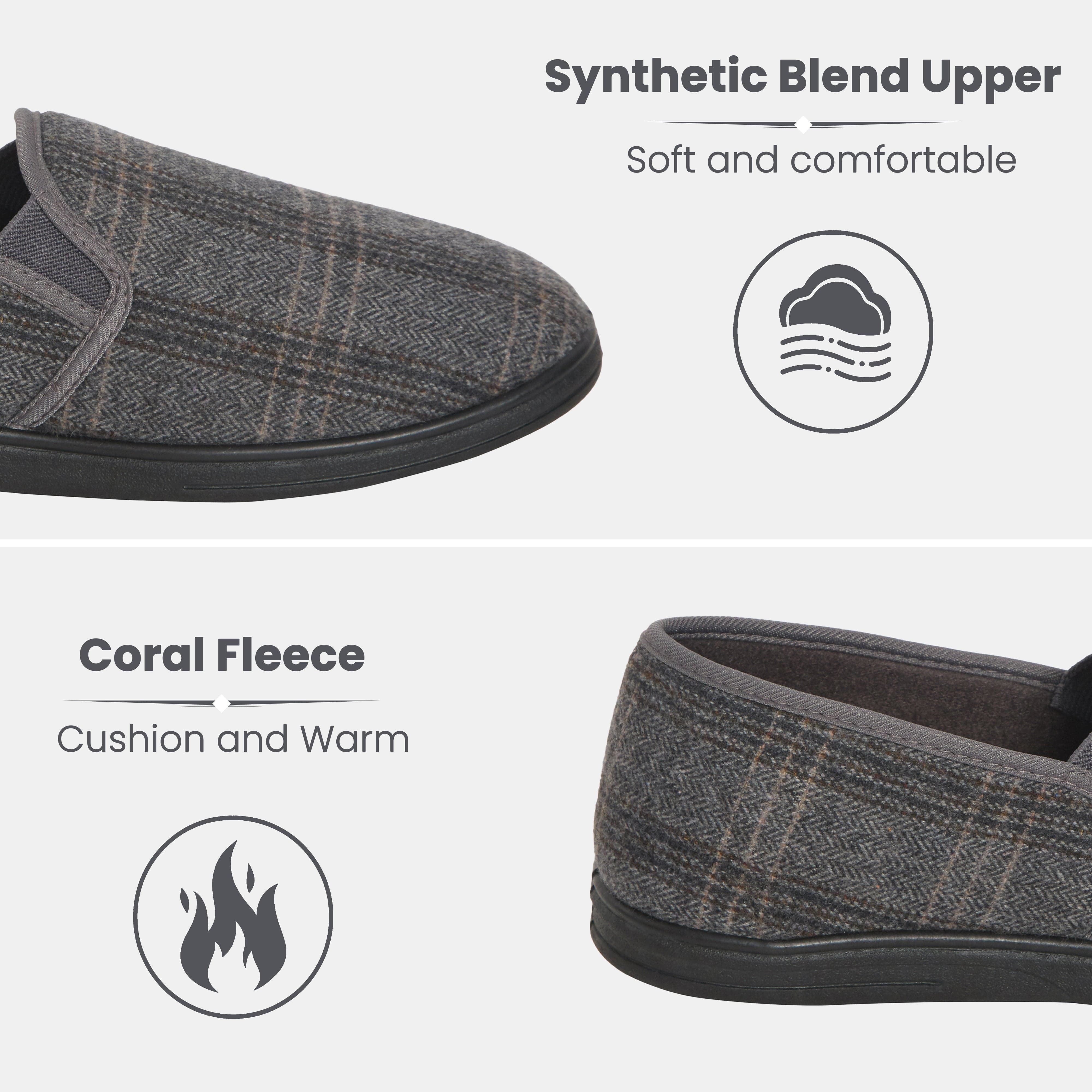 Men's Checked Slippers Memory Foam Cushioned Soft Lining Warm Thermal Slip-On