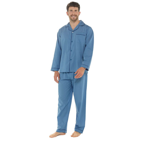 Men's Classic Blue Woven Pyjama Set Long Sleeve Button Top And Full Length