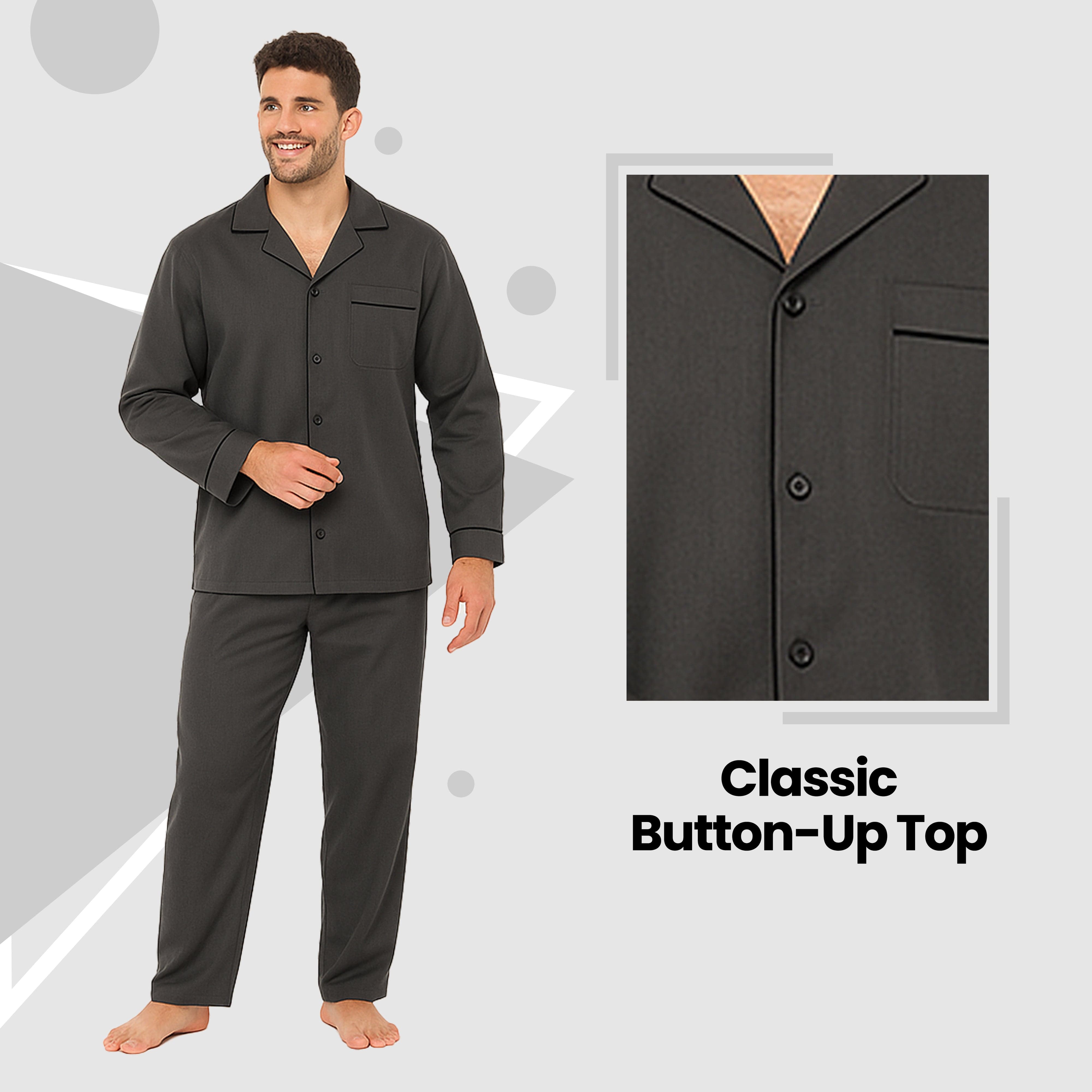 Men's Classic Charcoal Woven Pyjama Set Long Sleeve Button Top And Full Length