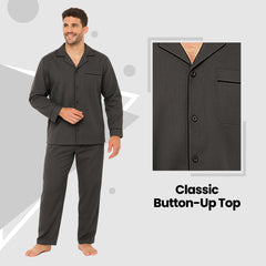 Men's Classic Charcoal Woven Pyjama Set Long Sleeve Button Top And Full Length