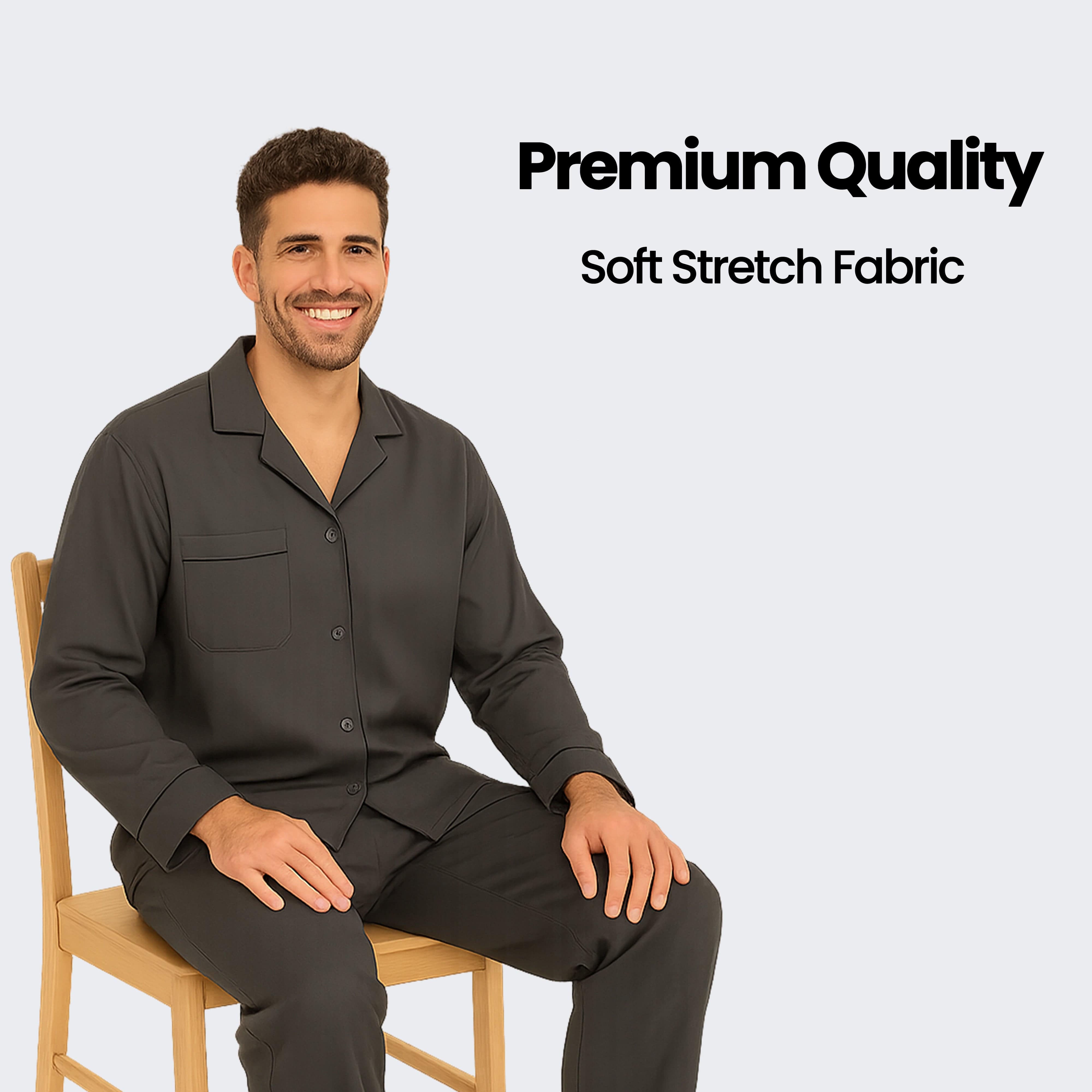 Men's Classic Charcoal Woven Pyjama Set Long Sleeve Button Top And Full Length