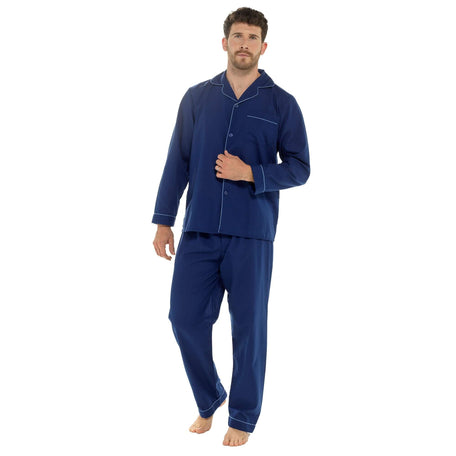 Men's Woven Pyjama Set Navy Long Sleeve Button Top And Full Length Bottoms