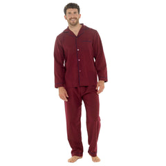 Men's Red Woven Pyjama Set Long Sleeve Button Top And Full-Length Bottoms