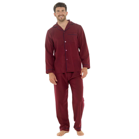 Men's Red Woven Pyjama Set Long Sleeve Button Top And Full-Length Bottoms