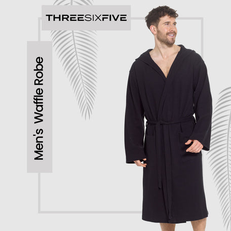Men's Hooded Waffle Cotton Bathrobe Black 100% Cotton Super Absorbent