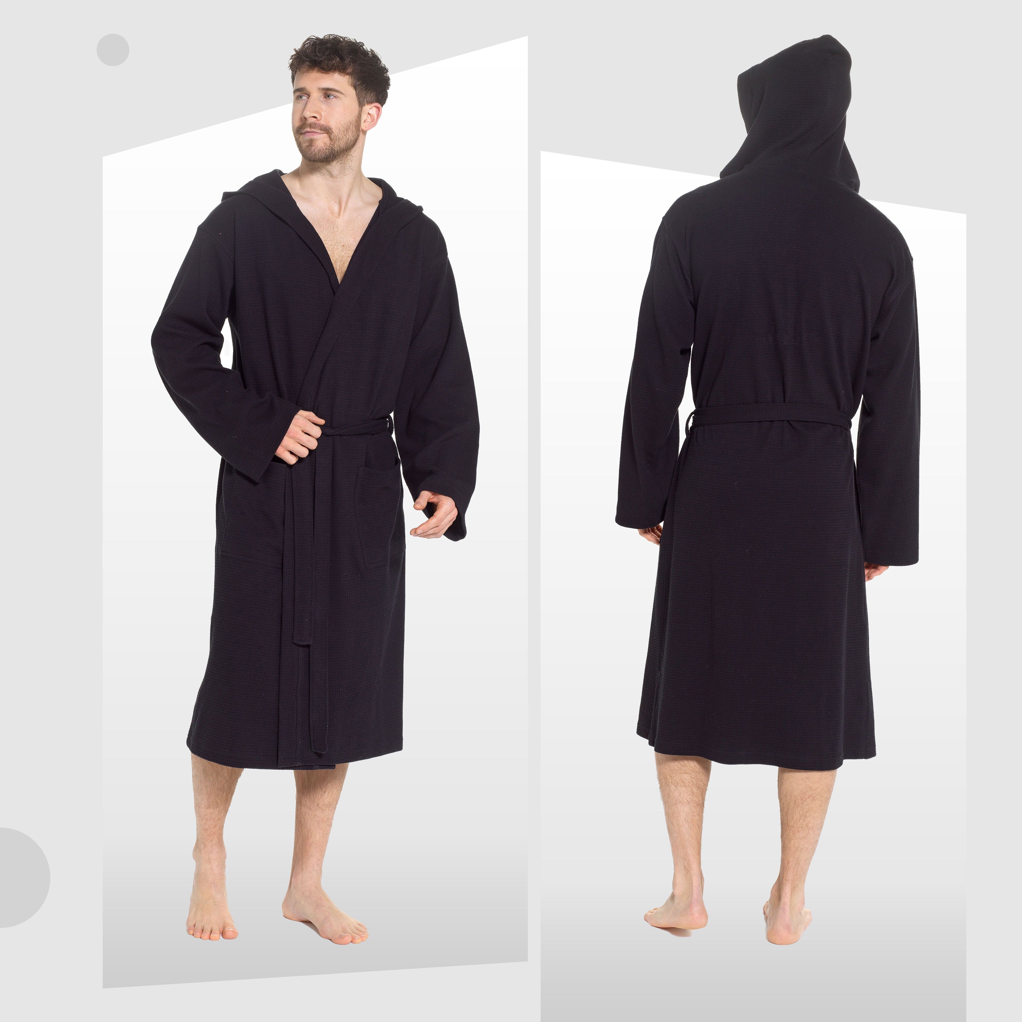 Men's Hooded Waffle Cotton Bathrobe Black 100% Cotton Super Absorbent