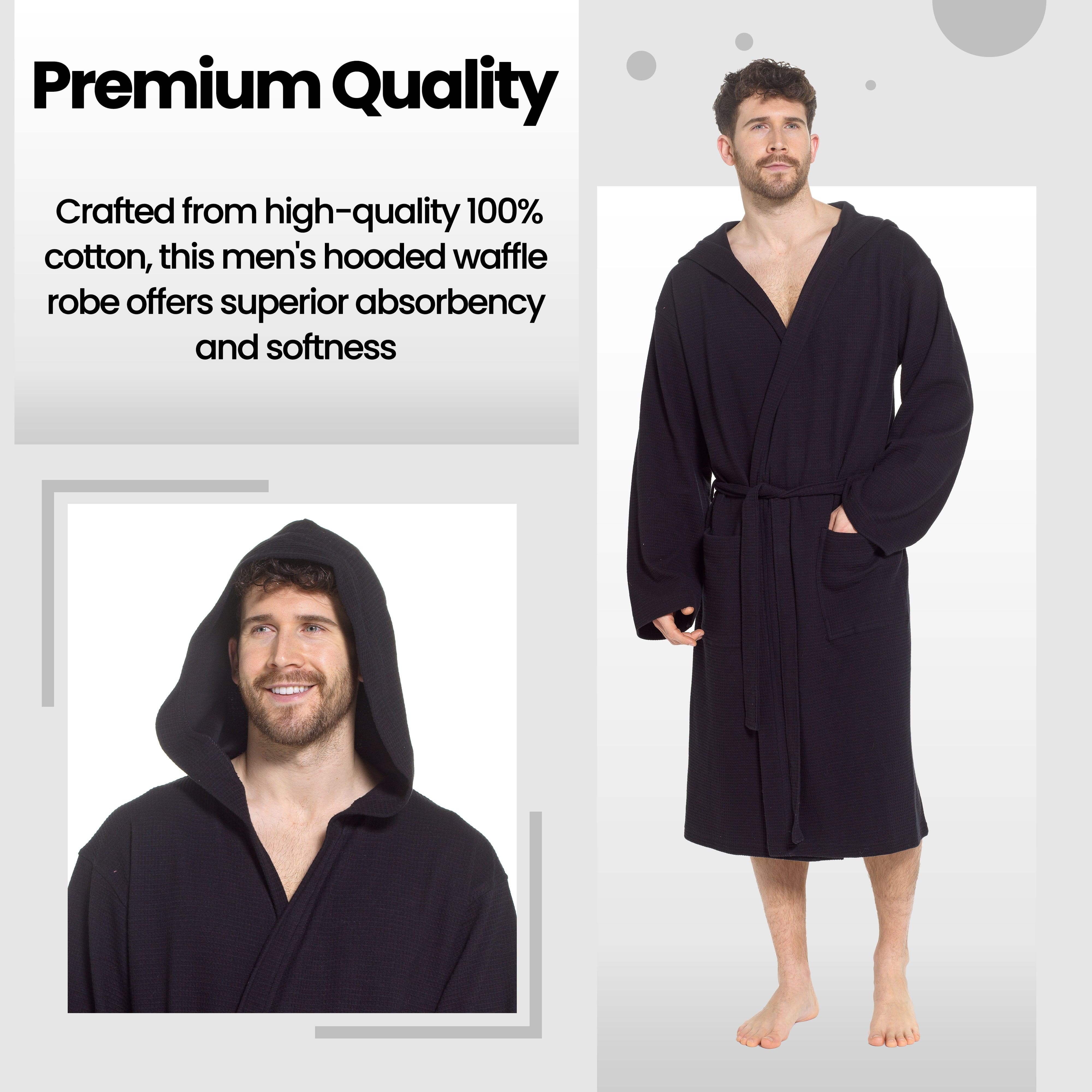 Men's Hooded Waffle Cotton Bathrobe Black 100% Cotton Super Absorbent