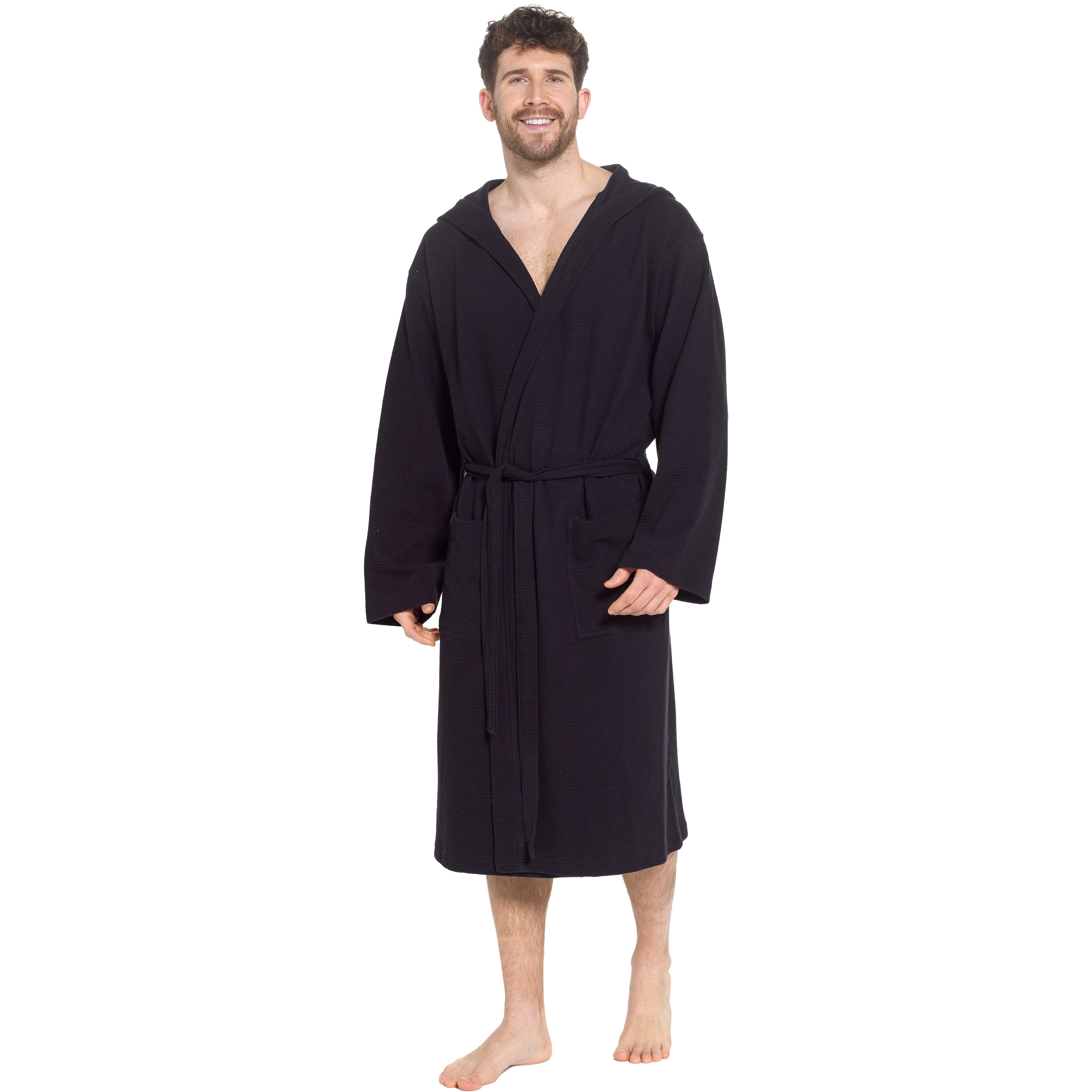 Men's Hooded Waffle Cotton Bathrobe Black 100% Cotton Super Absorbent