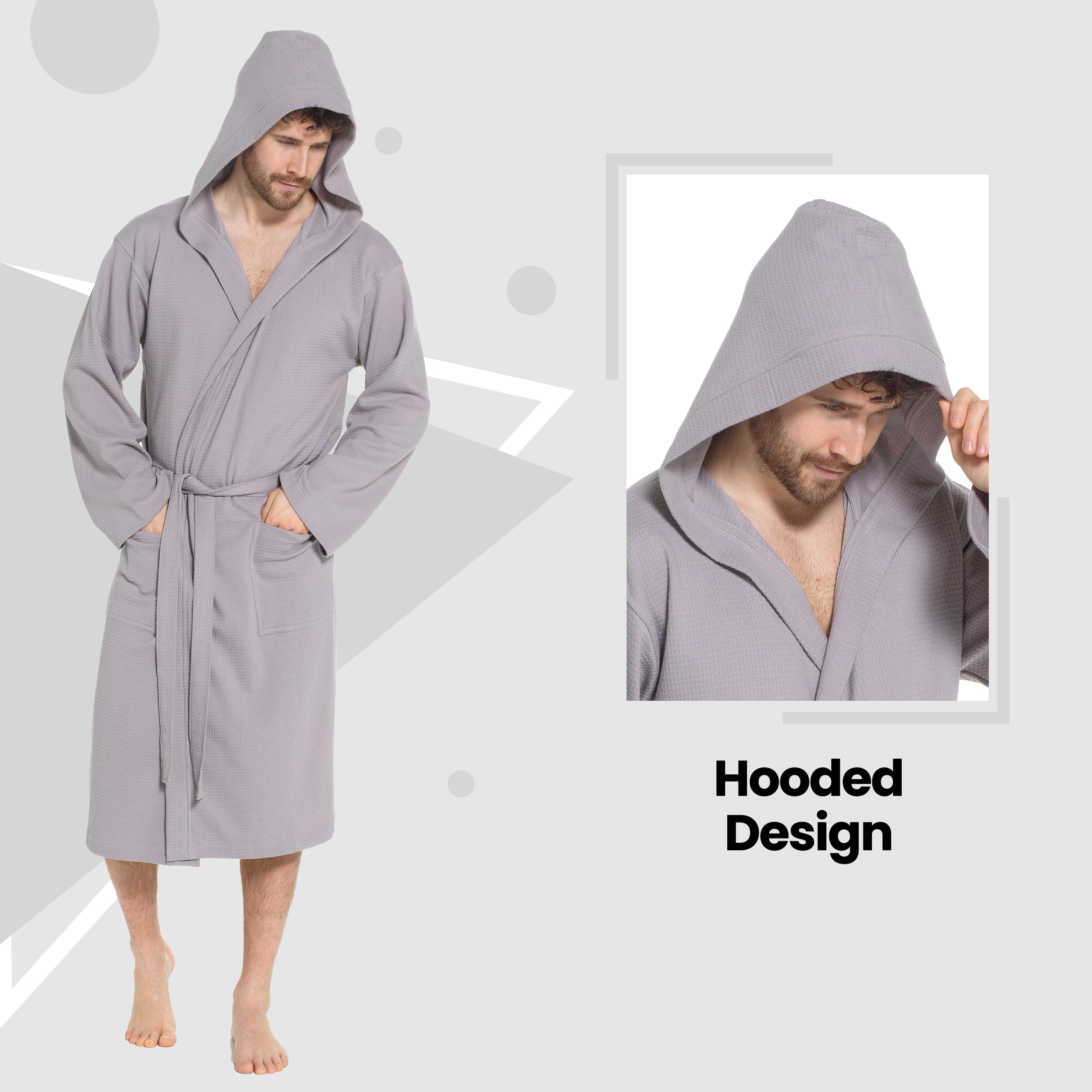 Men's Hooded Waffle Cotton Bathrobe Grey 100% Cotton Super Absorbent