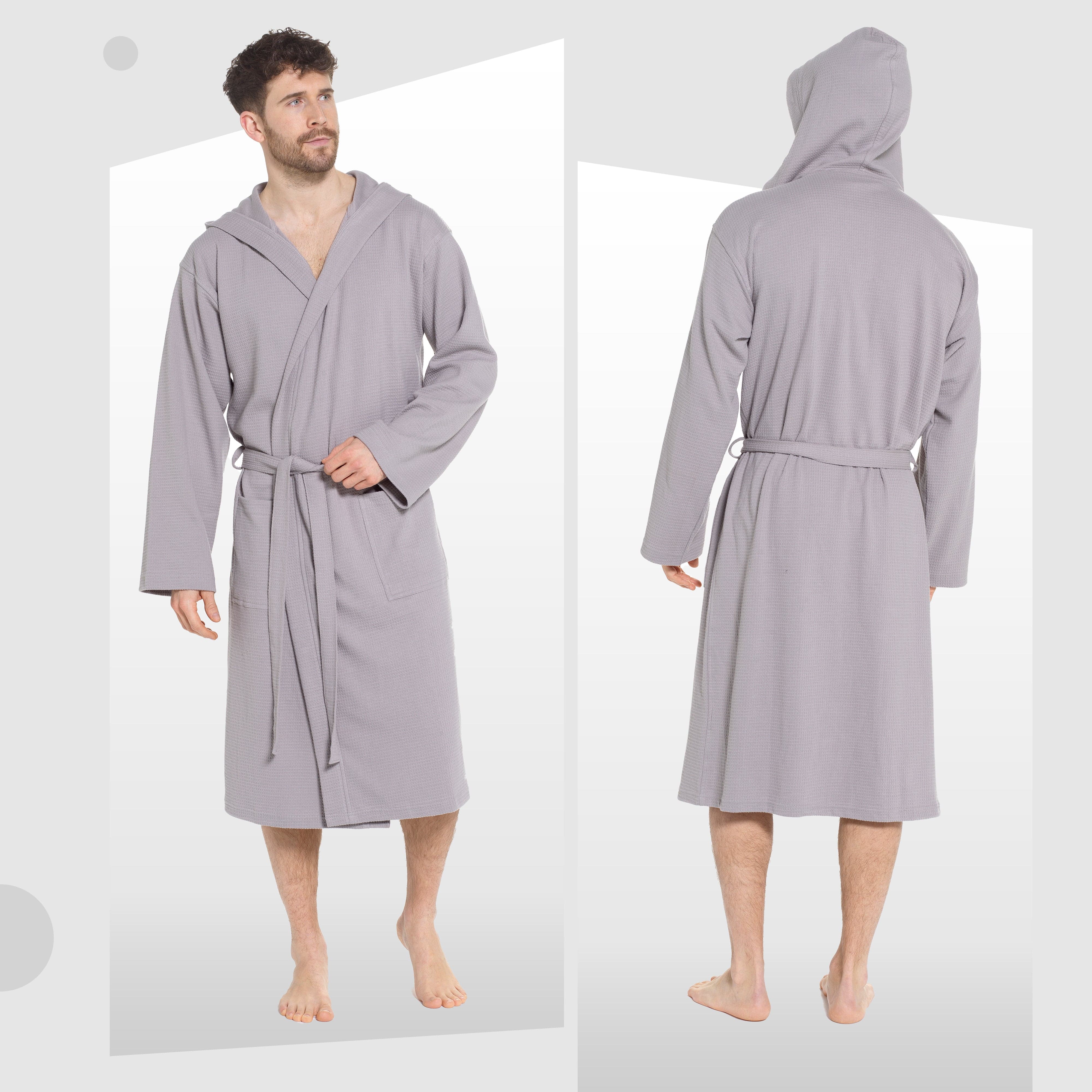 Men's Hooded Waffle Cotton Bathrobe Grey 100% Cotton Super Absorbent
