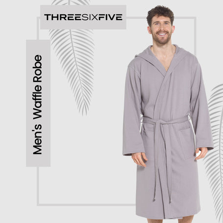 Men's Hooded Waffle Cotton Bathrobe Grey 100% Cotton Super Absorbent
