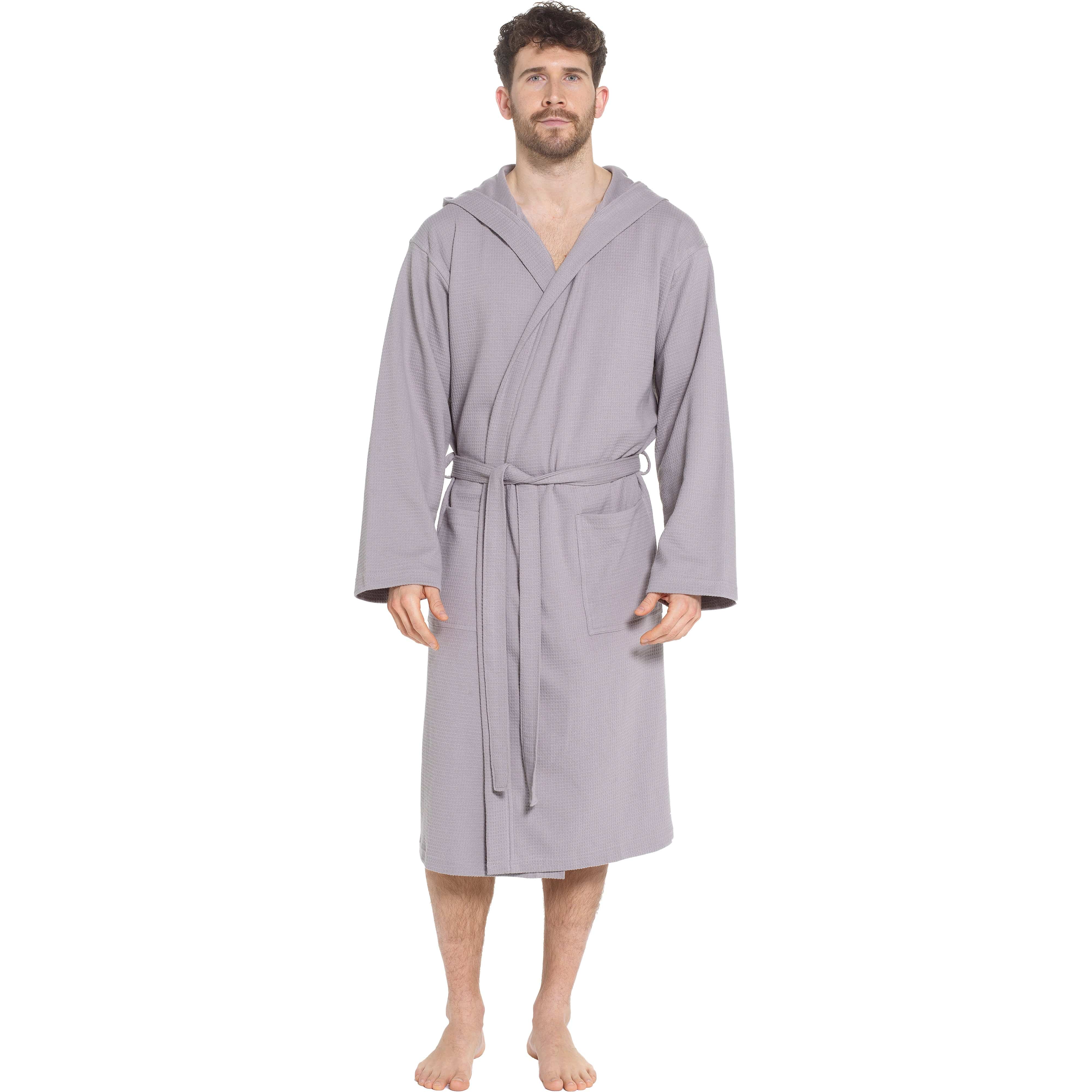 Men's Hooded Waffle Cotton Bathrobe Grey 100% Cotton Super Absorbent