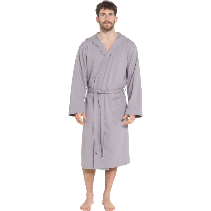 Men's Hooded Waffle Cotton Bathrobe Grey 100% Cotton Super Absorbent, GREY