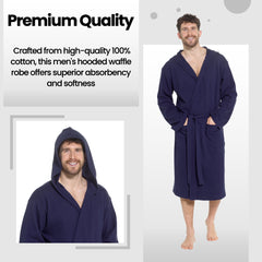 Men's Hooded Waffle Cotton Bathrobe Navy 100% Cotton Super Absorbent Spa